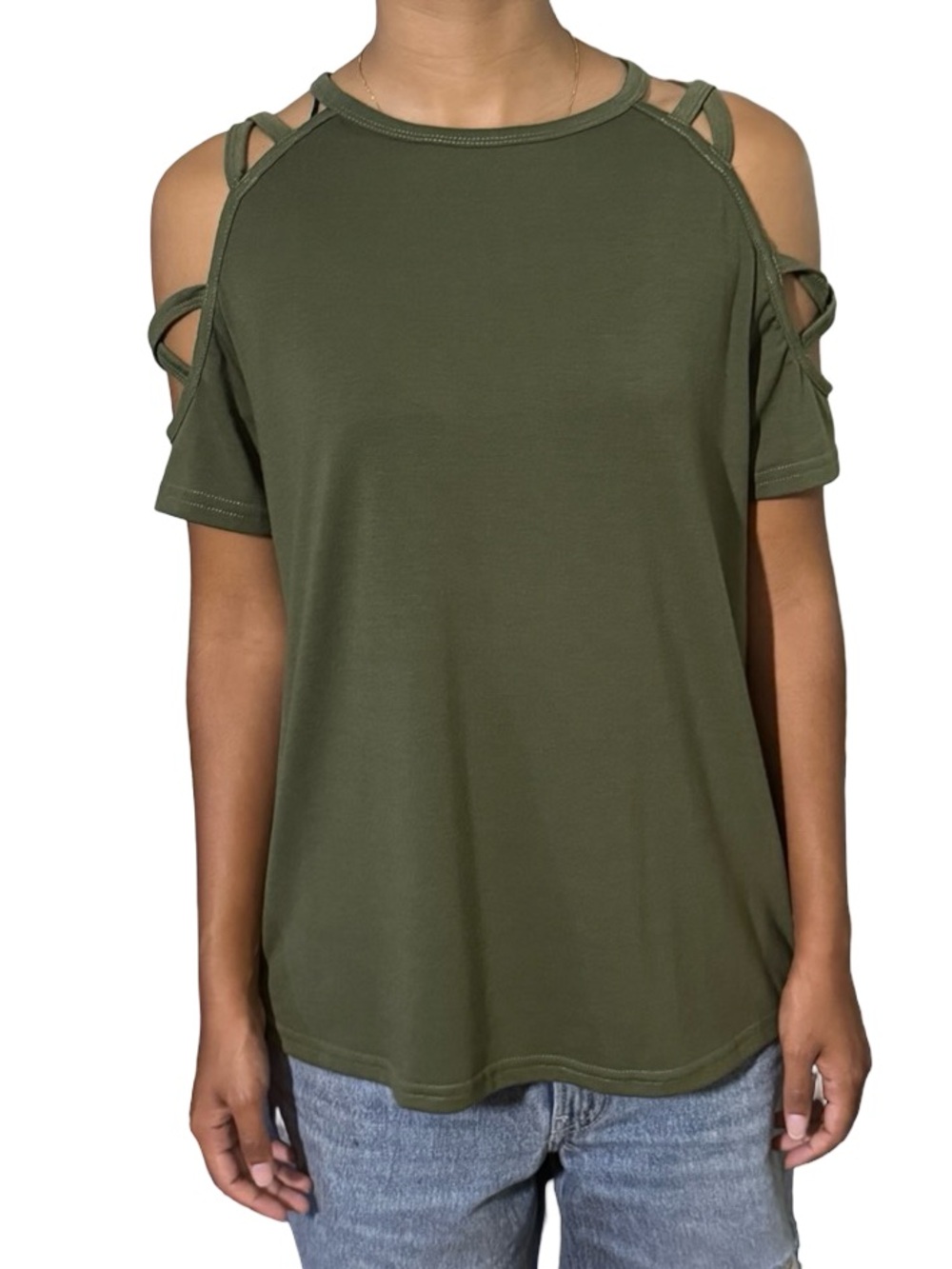 SHEIN Olive Green Strappy Cold Shoulder Top Size Small